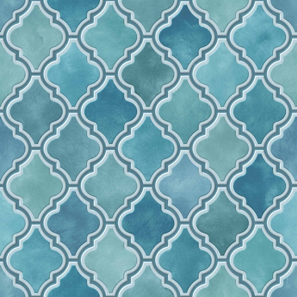 Moroccan pattern on grunge background, relief texture, turquoise color, seamless texture, ceramic, 3d illustration